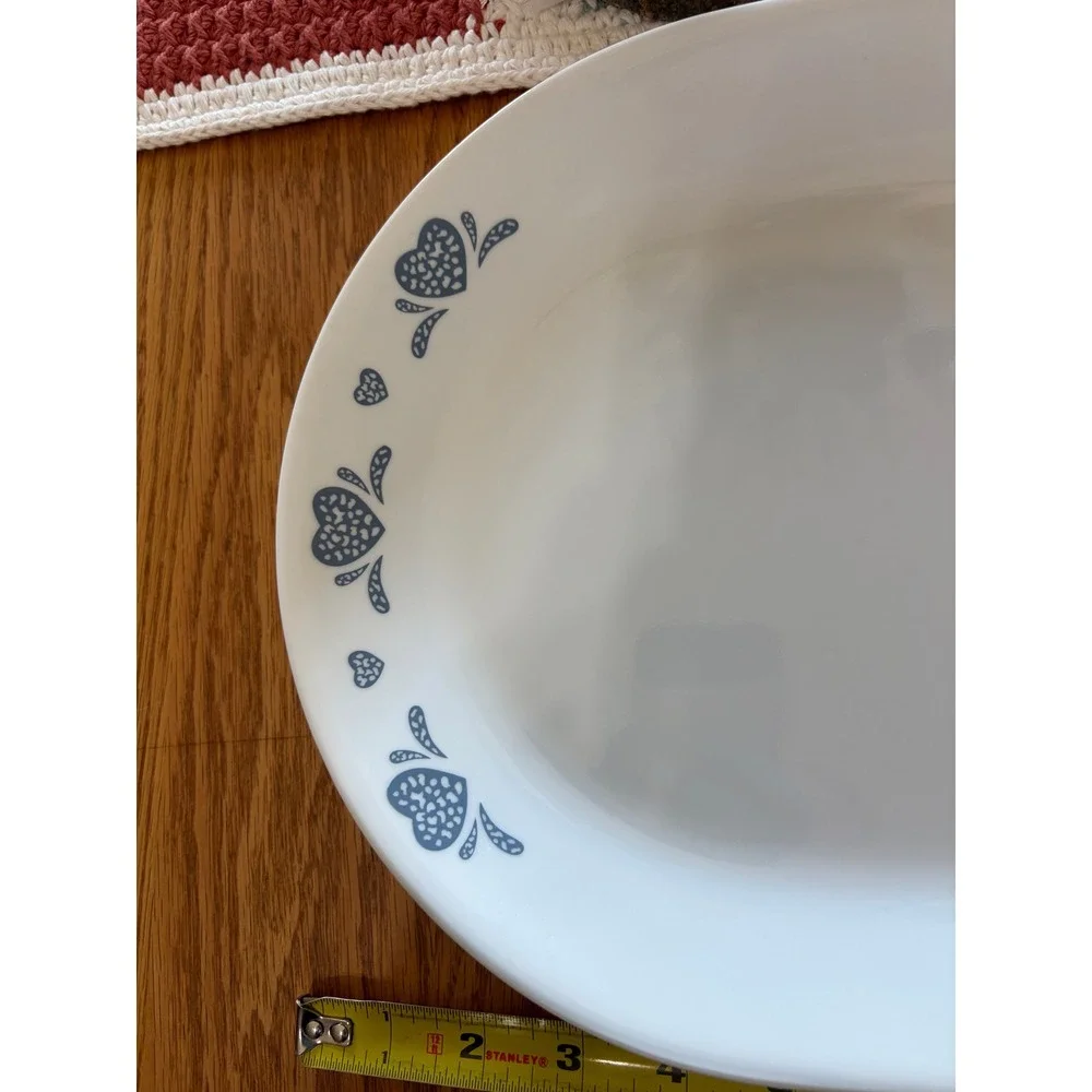 Corelle Folk Stitch Oval Serving Platter Blue Hearts White Vitrelle Glass 12in